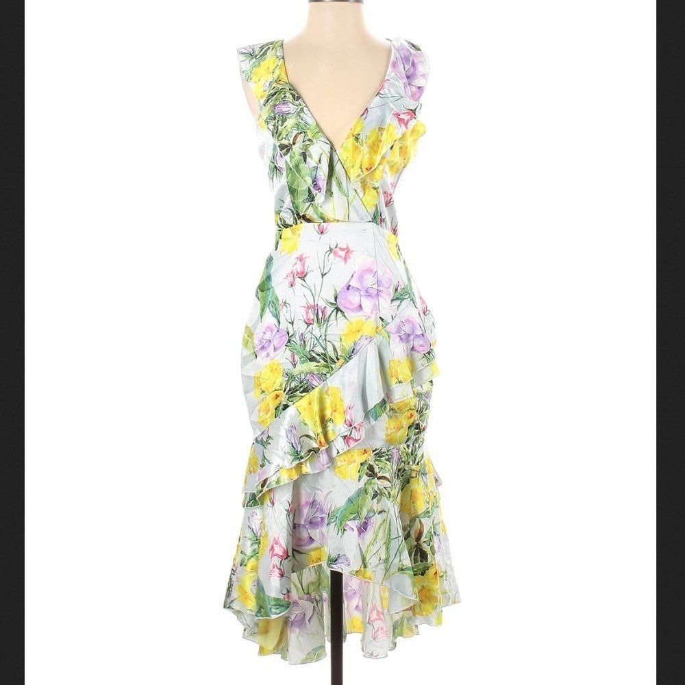 Vone Floral‎ Ruffle Dress Women's Sleeveless Yellow Purple Midi Size 4